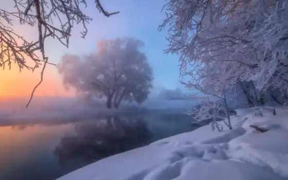 зима, пейзаж, река, горный, тихий, корень, корень