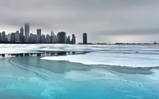 город, зима, лед, Чикаго, строительство, город, городской пейзаж, облако