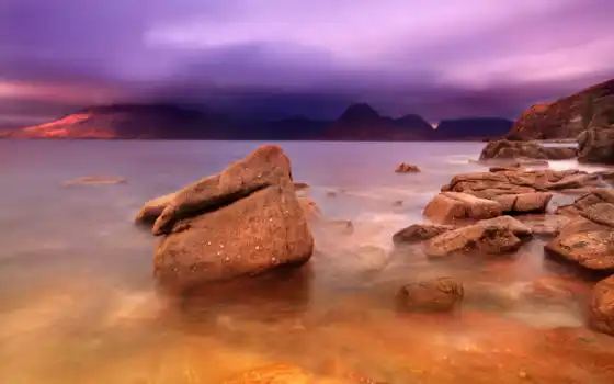 буря, фиолетовый, океан, пейзаж