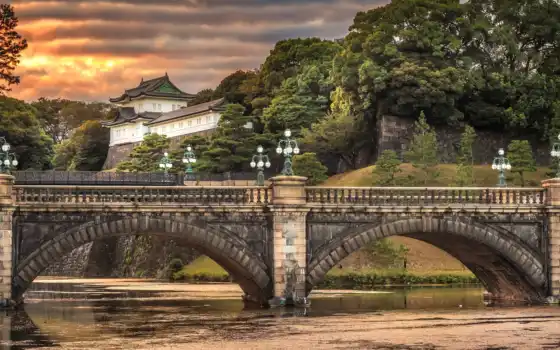 imperial, мост, дворец, tokyo, река, город, tokio, japanese
