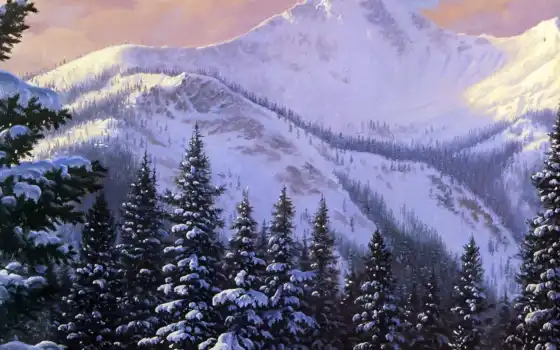 зима, снег, горы, картина, елки, день, картинка, обоев, painting, cover, timeline, 