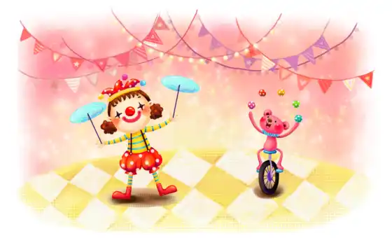 нарисованные, девочка, медвежонок, клоуны, мячи, жонглирование, клоун, велосипед, тарелки, прутики, гирлянда