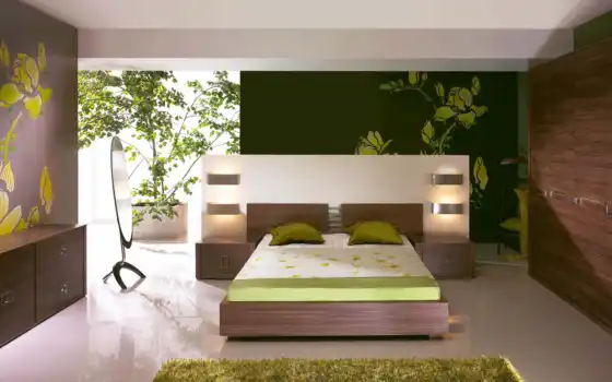 ,кровать, ковер, современный, спальня, зелень, 