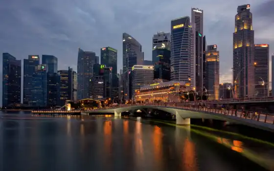 город, singapore, небоскрёба, огонь, park, вечер, merlion, house