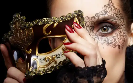 маска, макияж, лицо, девушка, карнавальная, золотая, маски, дешевые, 