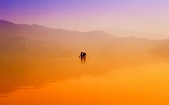 туман, лодка, рассвет, утро, озеро