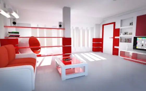 комната, стиль, красные, тона, светлая, 