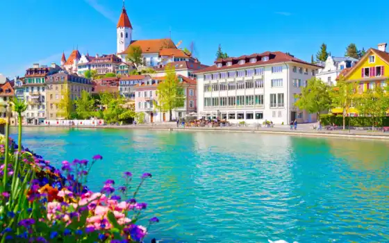 swiss, город, thun, notebook, река, general, thoune, house, lac, spiez, озеро