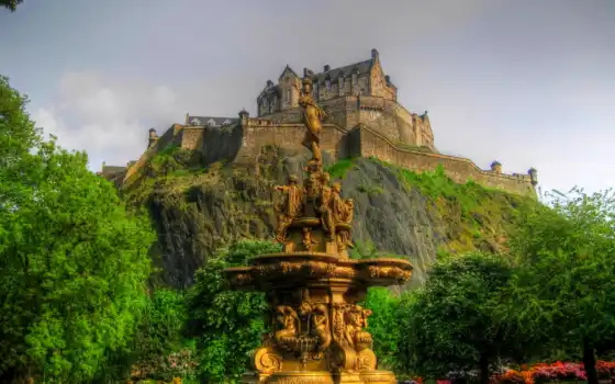 scotia, эдинбург, castle, гора, trees, небо, fountain, hill, park, 