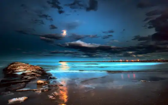 луна, море, ночь, огни, 