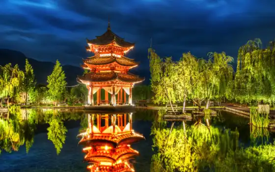 китаянка, пагода, озеро, пагоды, природа, building, trees, lijiang, 
