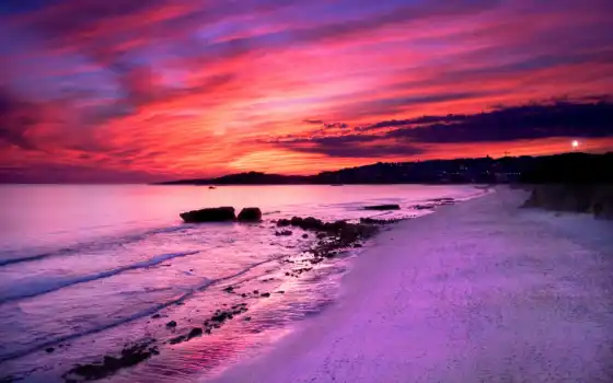 закат, розовый, море, пляж, природа, 