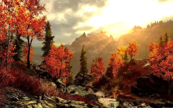 картинка, осень, горы, лес, красивая, живопись, 