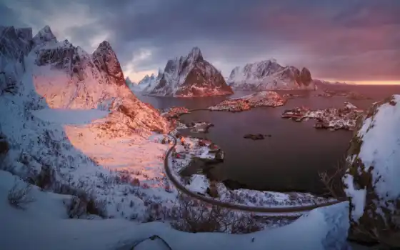 норвегия, Лофотенские острова, гора, остров, пейзаж, зима, фьорд, облако