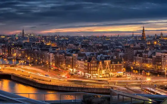 река, holland, ночь, город, zero, дорогой, рассвет, amsterdam, building, картинка