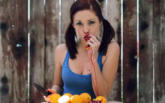 нож, девушка, фрукт, 