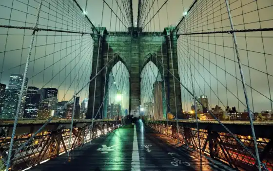 бруклин, мост, york, new, нью, город, ночь, огни, 