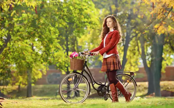 велосипед, девушка, осень