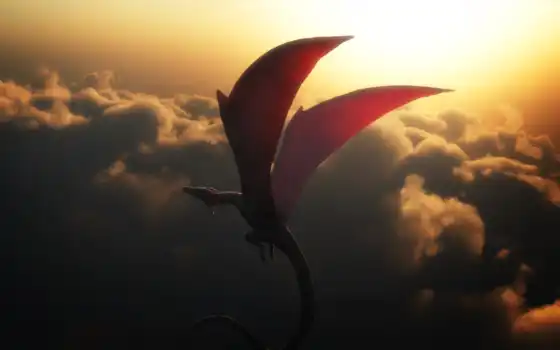 дракон, небо, облако, полет, крыло