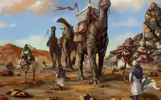 фантазия, пустыня, искусство, верблюд, песок, караван, краска, динозавр