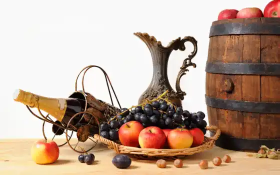 яблоки, фрукты, кувшин, корзинка, бочонок, виноград, орехи, шампанское, картинка, 