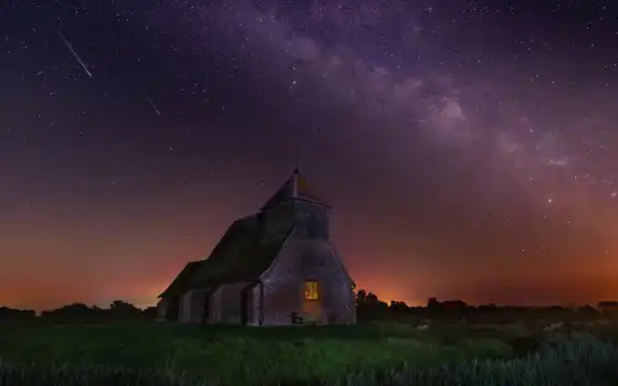 церковь, крофт, звезда, небо, ночь