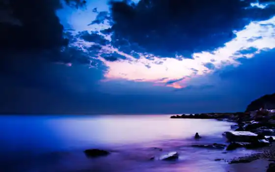 небо, океана, красивые, ночь, ночные, облака, природа, высокого, 
